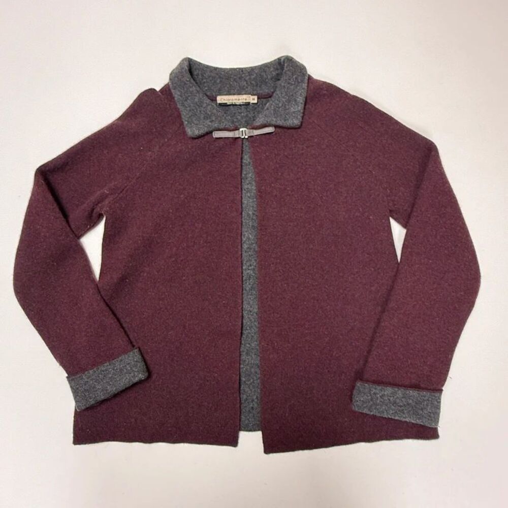 Chiaramente Wool Cardigan, Made in Italy, Burgundy Grey Trim Sz M